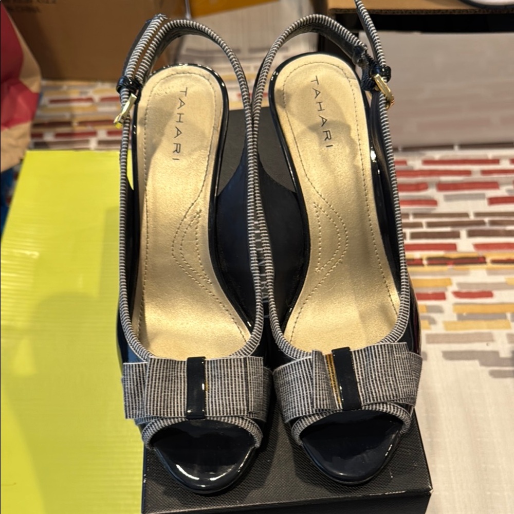 Tahari Black and Gray Stiletto Heels with Bow Detail